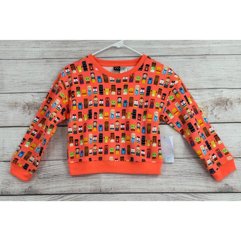 Disney Sweatshirt Kids 7/8 Coral Orange 100th Anniversary Character Fleece NEW